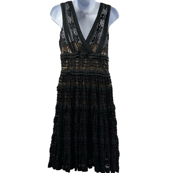 Max Studio Sheath Dress Small Black Nude Lace Stretch Ruffle V-Neck Whimsygoth - Picture 3 of 8